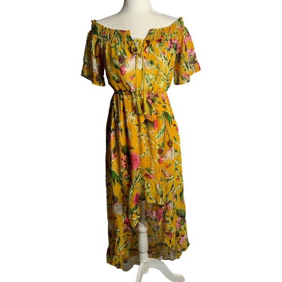 Boohoo Dresses & Skirts - Boohoo Off the Shoulder Midi Dress 6 Yellow Floral High Low Hem Elastic Waist